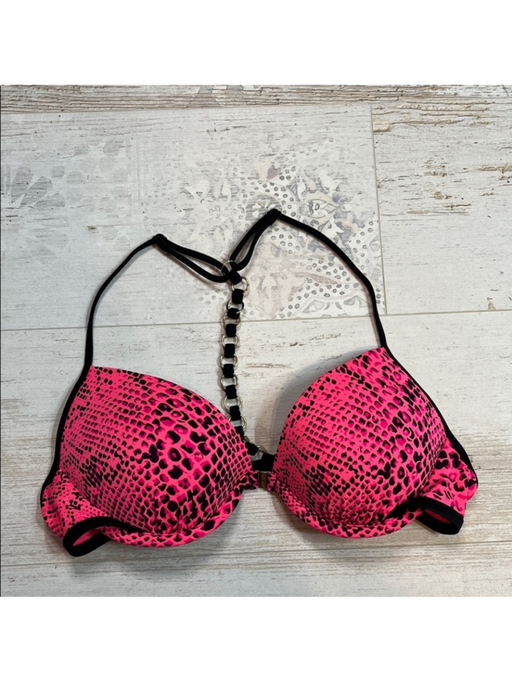 Women’s Hot Pink Animal Print Push-Up bikini top with Chain Back